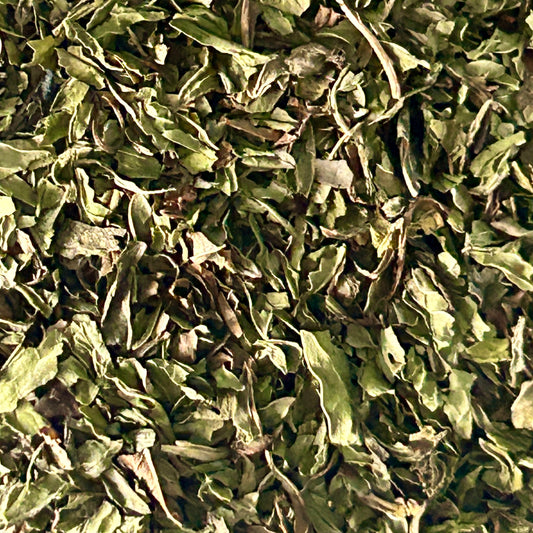 Loose leaf spearmint herbal tea with fresh green leaves